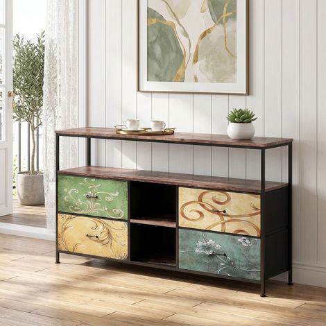 Mobile TV in legno - 4 cassetti di stoccaggio - Illuminazione LED - Stile scandinavo - Legno e metallo - 137x29x78 cm (1/5)