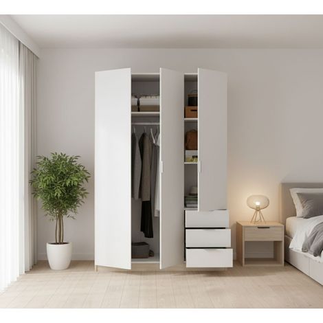 Dmora - Armario Cimone, Perchero para dormitorio, Armario con 3 puertas batientes y 3 cajones, 121x52h184 cm, Blanco y Roble (1/5)