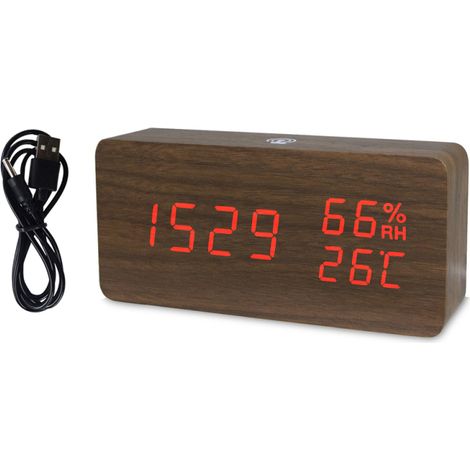 Smart-Uhr, Temperatur- und Luftfeuchtigkeitsanzeige, 4 Helligkeitsstufen, Sprachsteuerung, USB- oder Batteriebetrieb, rotes Holz (rote Hintergrundbeleuchtung)