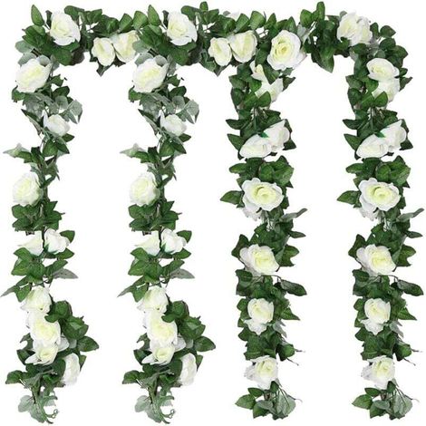 Künstliche Blumengirlande, Rosenranke, Hochzeitsdekoration, 4 Stück, Seidenblumen-Dekoration, künstliche Pflanze, hängende Blumen für Party, Garten, Zuhause, Bogen, Zeremonie, Wand im Freien (weiß) (1/4)