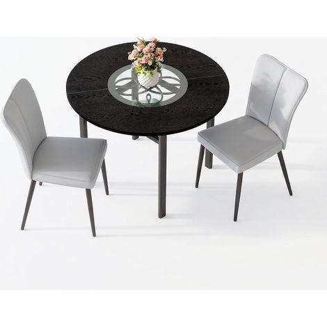 Ensemble table ronde 100 cm avec 2 chaises, plateau effet bois noir et verre trempé, sièges en PU gris clair, pieds métal (1/5)