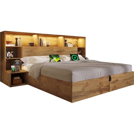 CHICFURN Cama abatible 160x200 cm con almacenaje, cabecero con estantes, luces LED y puertos USB-A/USB-C, estructura de madera y metal, sin colchón incluido (1/5)