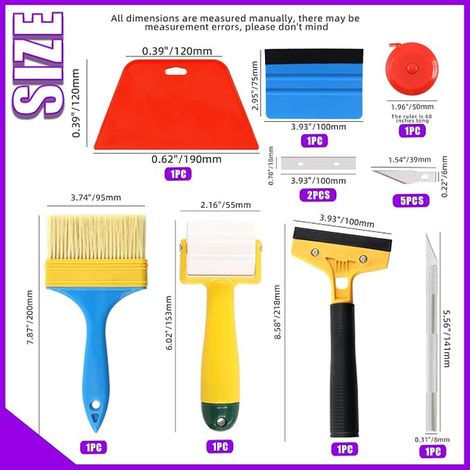 papier peint Smooth Tool Set, grattoir, couteau à graver avec lame, ruban à mesurer, rouleau de couture et pinceau adhésif pour coller papier peint sac de voiture vinyle vitre teintée (1/3)