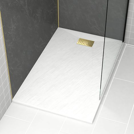 Plato Ducha Blanco Efecto Piedra 90x140cm y Rejilla patrón Lineal Oro (1/4)