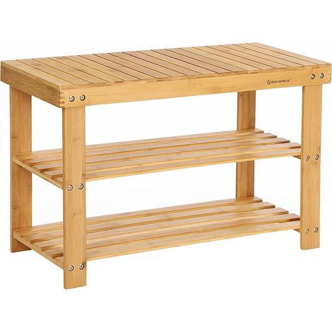 Songmics – Banc étagère à chaussures en bambou naturel 3 niveaux – Charge 120kg – Dimensions 70 x 28 x 45cm – Pour entrée, salon, salle de bain – LBS04N