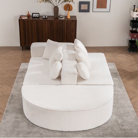 Canapé convertible modulaire 5 places en chenille blanc, structure tout mousse, sans montage HAVRYA (1/5)