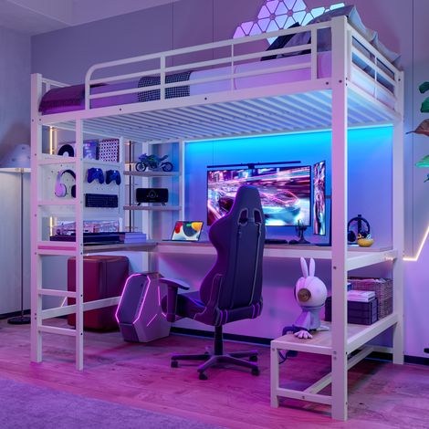 Letto rialzato 90x200 cm con scrivania, scala, ripiani portaoggetti, pannello forato, porte USB/Type-C e illuminazione LED, bianco, senza materasso (1/5)