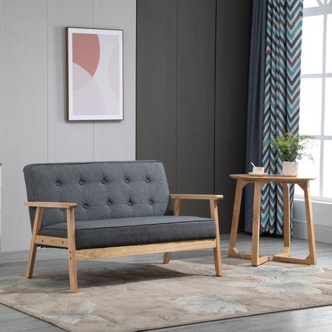 Sofá de 2 Plazas con Respaldo Cojines Acolchados Patas de Madera Antideslizantes Botones con Mechones 113x67x78 cm Gris (1/5)