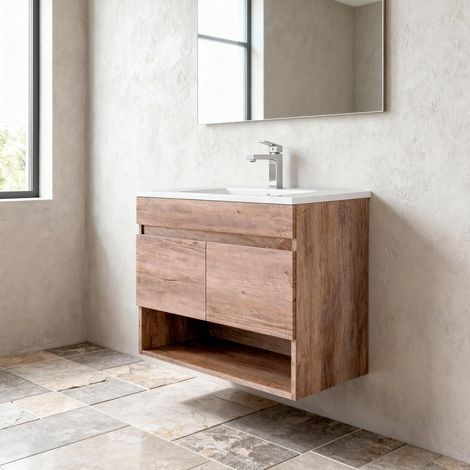 Mobiletto Bagno Sospeso Mobile Legno Con 2 Ante Ripiani e Vani Aperti Lavabo In Ceramica Con Specchio E Led Design Moderno Nordico La Brea 80 x 45 x 64 Cm Rovere - Set: Mobile Lavabo Specchio e Led 30