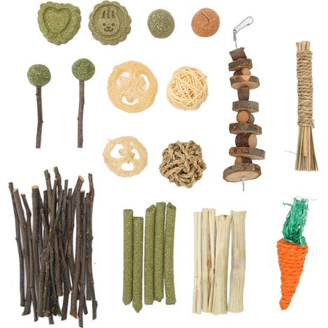 Ensemble de jouets à mâcher pour lapins : ficelle naturelle, balle en rotin, gâteau d'herbe, tranches de luffa, bambou sucré, jouet à mâcher pour hamsters. (1/5)