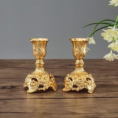 Set aus zwei kurzen, goldfarbenen Metallkerzenständern, Vintage-Tischdekoration für Hochzeiten, goldener Kerzenständerfuß