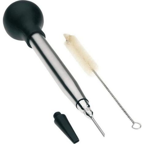 Poire À Jus - Acier Inoxydable - Pour Arrosage Volailles Et Viandes Pendant Cuisson - 2 Embouts + Goupillon