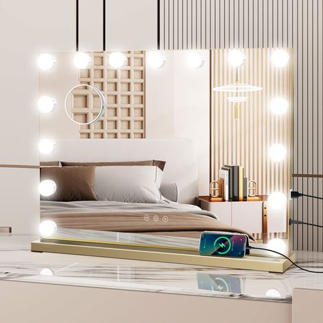 Hollywood Makeup Mirror, Light Vanity Mirror, Bathroom Mirror, with LED Dimmable Bulbs, USB Charging Port, Touch Screen(15 Bulbs, 4845cm, Gold)
