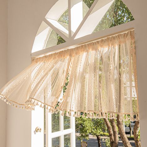 Rideaux bohèmes au crochet, style vintage, rideaux à tringle avec pompons, adaptés à la décoration du salon, de la maison de campagne et de la chambre, beige, 148x46 cm. (1/3)