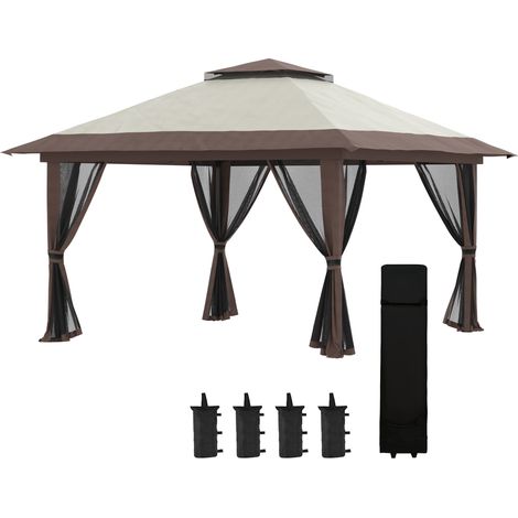 Gazebo pliant 4x4 m beige avec double toit, hauteur réglable et moustiquaires (1/4)