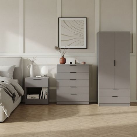 Trega 3pc Bedroom Furniture Set – 1 Drawer Bedside, 5 Drawer Chest & 2 Door Wardrobe, Grey