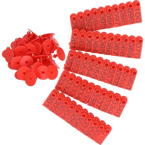100 jeux de boucles auriculaires numérotées pour bovins, cartes d'identification précises pour vaches, porcs et moutons (rouge). (1/5)