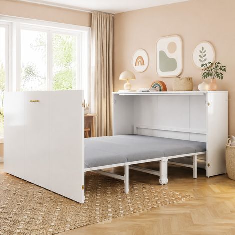 Cama abatible 140x200 cm moderna, madera y metal blanco, con colchón de lino y ruedas silenciosas (1/5)