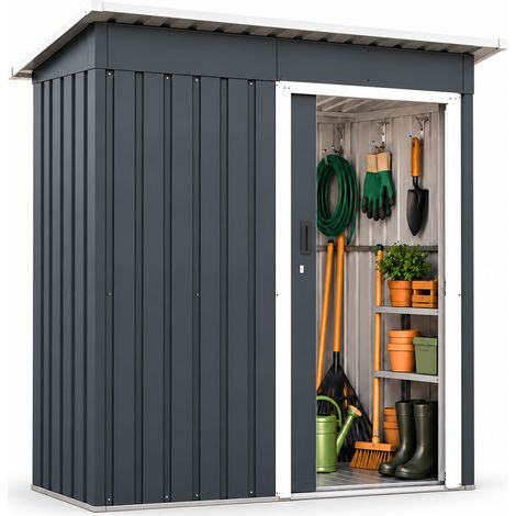 Relaxdays Casetta attrezzi HxLxP: 181 x 163 x 86 cm, metallo, base, porta scorrevole, tetto a falda, grigio/bianco (1/5)