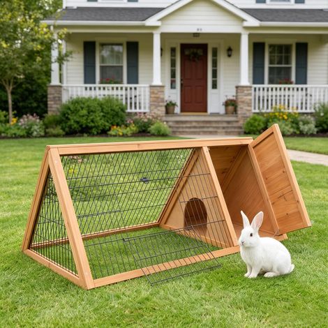 Clapier en bois marron avec enclos extérieur pour petits animaux (lapins, canards et poules) - Abri pour poules (1/5)