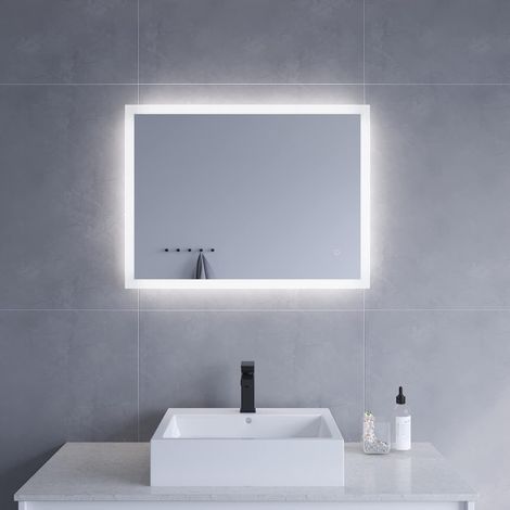 LED BadSpiegel mit Beleuchtung Badezimmerspiegel Beschlagfrei Ultradünn Wandspiegel Dimmbar Memory-Funktion Lichtspiegel Kaltweiß 6400K IP44 Einfach Stil AQUABATOS 80x60x2,5 cm (1/5)