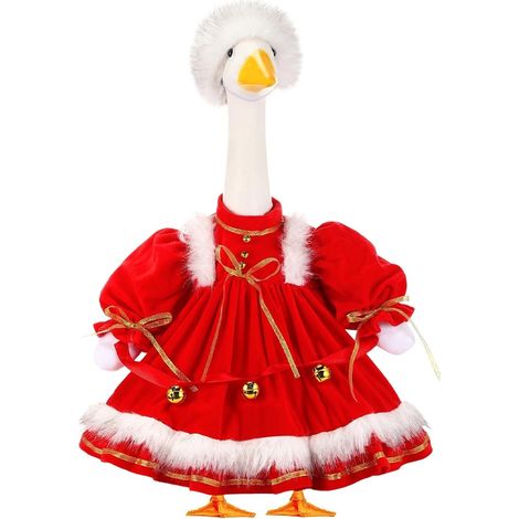 Disfraz de campana navideña decorativa para estatua de ganso de jardín, gorro con ribete de piel y decoración navideña con borde dorado. (1/5)
