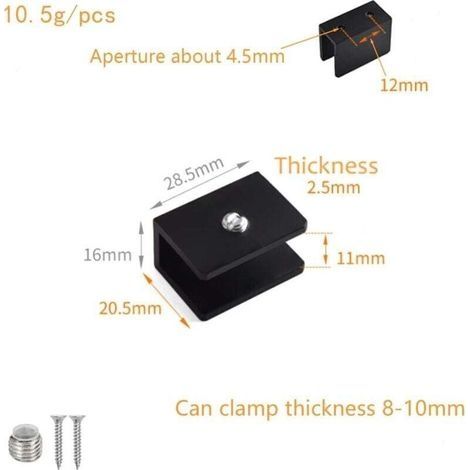 Glasklemmen für Glas, 8 Stück, eckig, Edelstahl, für 8-10 mm ebene Flächen, für ebene Flächen und Spiegel, schwarz (1/3)