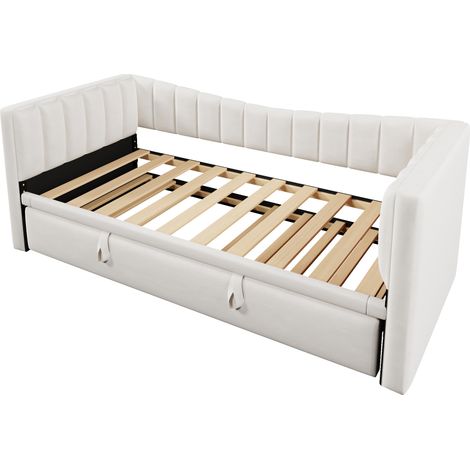 Lit de jour 90 x 200 cm (180 x 200 cm), lit rembourré avec lit gigogne, canapé-lit, lit simple, lit double (sans matelas), velours, style minimaliste, blanc
