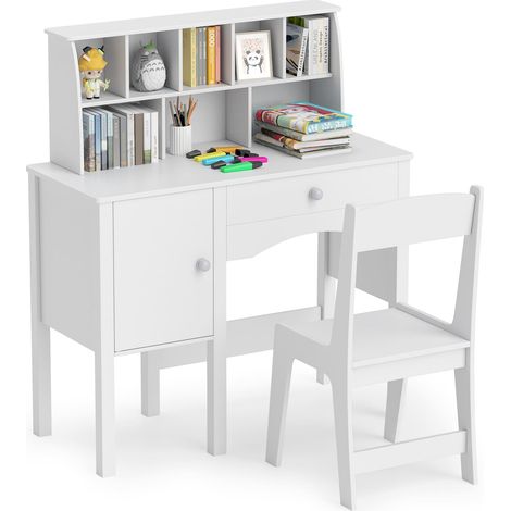 COSTWAY Kids Study Desk and Chair Set Children Wooden Craft Table & Chair-White (1/5)