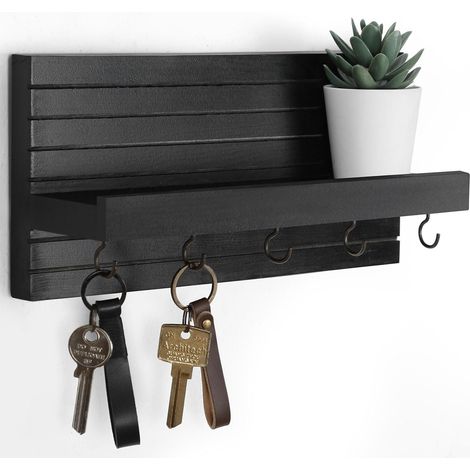 Porte-Clés Murale avec Étagère - Bois Naturel et Crochets Métalliques - Pour Entrée, Couloir ou Vestibule - Noir - Taille Moyenne (1/5)