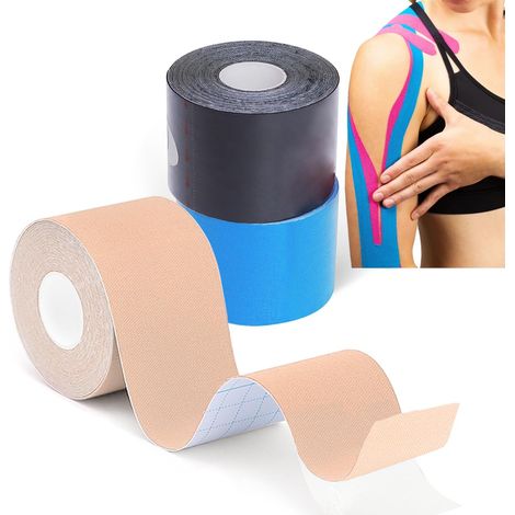 3 rollos de cinta kinesiológica, 5 m x 5 cm, tejido de algodón elástico, resistente al agua, para deportes y recuperación muscular. (1/5)