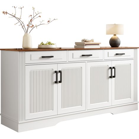 Buffet sideboard blanc à 4 portes, 3 tiroirs, façades rainurées verticales et rangements fermés, meuble MDF pour salon, entrée ou salle à manger  CHICFURN (1/5)