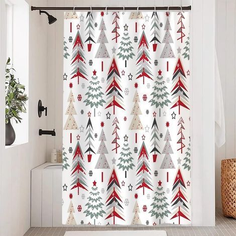 Rideau de douche anti-moisissure, 120 x 180 cm, rouge, Noël, forêt d'hiver abstraite sapin de Noël, tissu imperméable, avec 8 crochets. (1/5)
