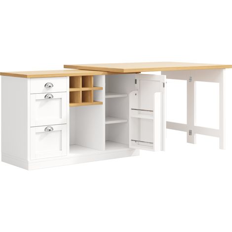 Table de bar multifonctionnelle extensible avec rangement, vinothèque et tiroir, plateau MDF blanc, rotation 360° (1/5)