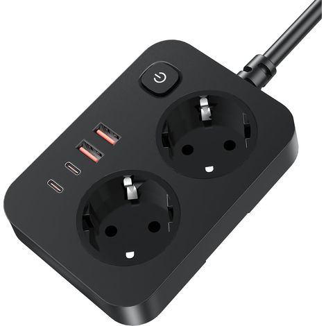 6-in-1-Steckdosenleiste mit USB-C und Überspannungsschutz, 2 Steckdosen mit Schalter und 2 USB/2 Typ-C-Anschlüssen, 2 m Verlängerungskabel, für Zuhause, Büro und Reisen