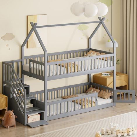 Lit mezzanine enfant 90x200 cm en bois massif, sommier à lattes inclus, avec toit maison, escalier avec rangements, lit cabane sécurisé, sans matelas, gris (1/5)