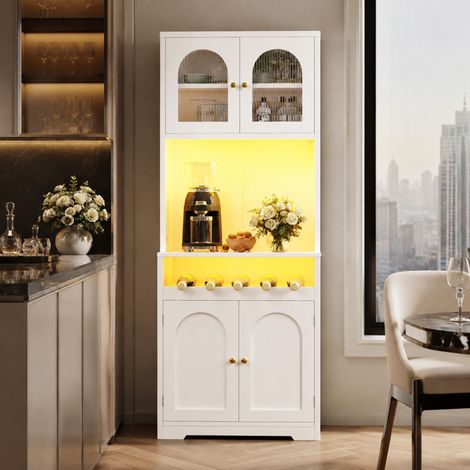 Set de 2 buffets altos blancos de 180 cm con LED RGB, cristal, botellero y anti-vuelco (1/5)