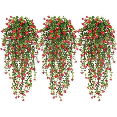 Set di 3 fiori artificiali, adatti per vasi sospesi e piante decorative, sia per interni che per esterni, di colore rosso intenso. (1/3)