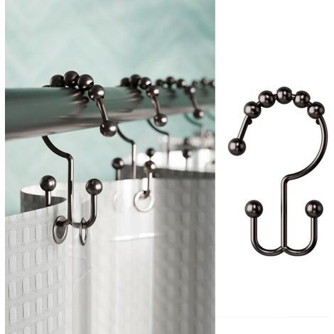 Set mit 12 schwarzen Metall-Duschringen, doppelt verschiebbar, Oberfläche in geölter Bronze, für Duschvorhänge und -futter (1/5)