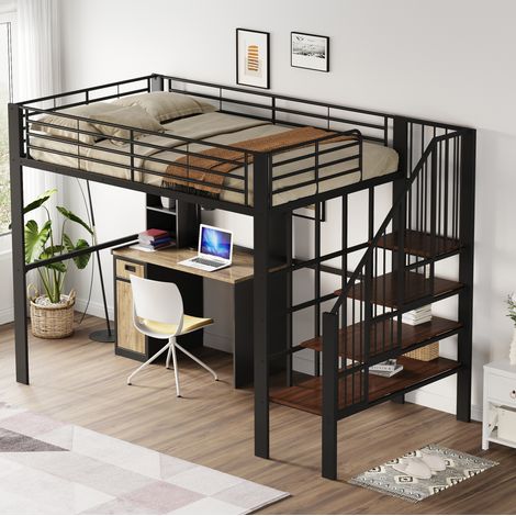 Cama alta 140x200 cm de metal y madera, negra, con escalera y espacio de almacenaje inferior (1/5)