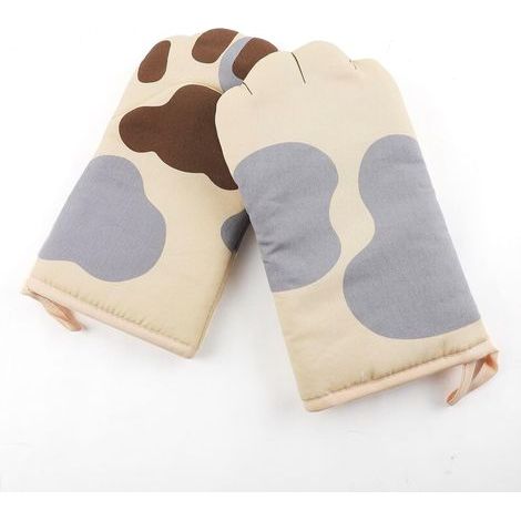 CCYKXA Pair of Cute Cat Paw Heat Resistant Oven Gloves - Heat Resistant Cotton Kitchen Gloves - Insulated Pot Holders for Microwave Oven, Barbecue, BBQ Grill (Beige)