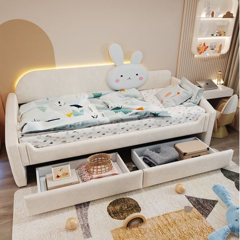 Kindersofa-Bett 90x200 cm beige mit Samtbezug, LED-Beleuchtung und Stauraum (1/5)