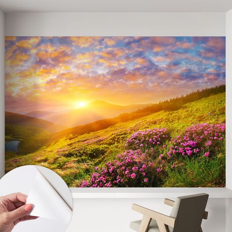 Papier peint adhésif autocollant pour salon chambre à coucher tendance et originale Coucher de soleil en montagne 152x104 cm (1/5)