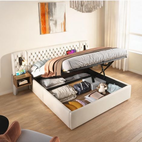 Cadre de lit beige en velours 213 x 267 x 105 cm (1/5)