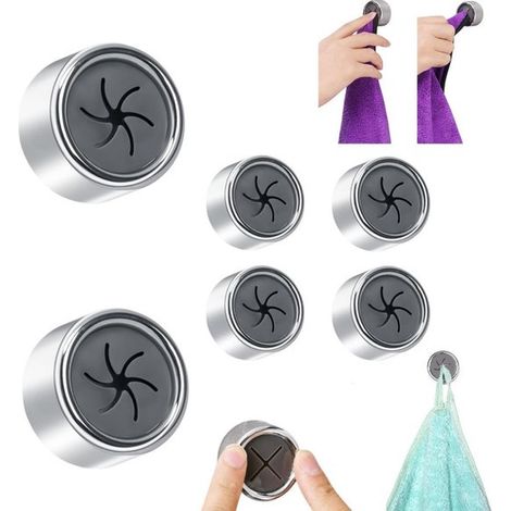 Lot de 6 porte-serviettes autocollants - Porte-serviettes - Porte-torchons - Ouverture en spirale - Rond - Pince à serviette - Porte-serviettes autocollant argenté (1/5)