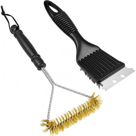 Lot de 2 brosses métalliques pour barbecue avec grattoir - 20 cm - 30 cm - Kit de nettoyage 3 en 1 - Pour grille en fonte - En acier inoxydable - Pour les aliments brûlés sur les barbecues au charbon (1/5)
