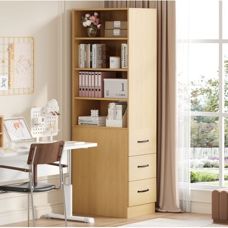 MEUBLIV bibliothèque haute 60x38x180 cm chêne clair – 3 tiroirs latéraux (1/5)