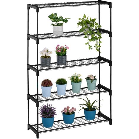 Relaxdays Scaffale Porta Piante a 5 ripiani, Portapiante in Vaso, Fiori e Erbe, Mobile in Acciaio, 140x91x28 cm, Nero