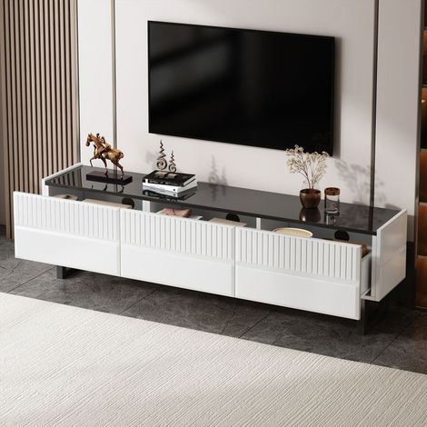 Meuble TV - SOGEU - 170x40x50 - 3 tiroirs - MDF & pieds métal - Noir et blanc brillant (1/5)
