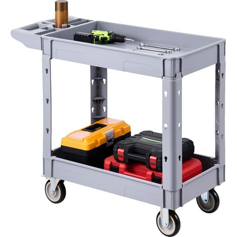 Carrello multiuso Vevor, portata 250 kg, carrello di servizio a 2 ripiani con ruote girevoli a 360° e ruote fisse (2 con freno), in plastica resistente. (1/2)